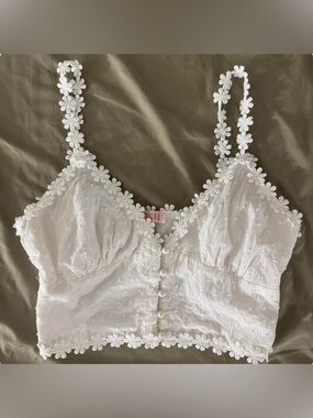 White Floral Lace Crop Top with Button Front